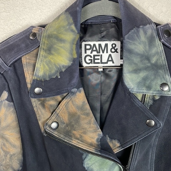 Pam & Gela Tie Dyed Leather Painted Floral Moto Biker Jacket Black Sz M - Picture 3 of 14